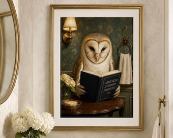 Funny Owl Powder Room Wall Art | Guest Bathroom Decor | Bookish Animal Print