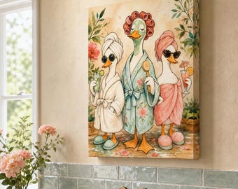 Spa Ducks Watercolor Canvas Print | Whimsical Bathroom Wall Art