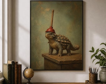 Ankylosaurus Wall Art Print | Powder Room Gallery Wall | Dinosaur In A Plunger Hat