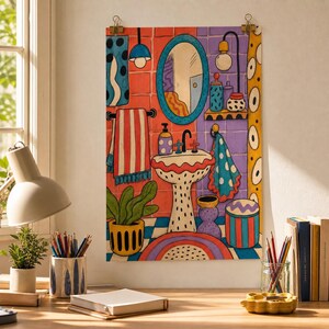 Source-adjacent Setting wall art unframed matte print pinned above a shelf with simple decor.