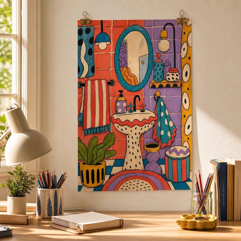 Source-adjacent Setting wall art unframed matte print pinned above a shelf with simple decor.
