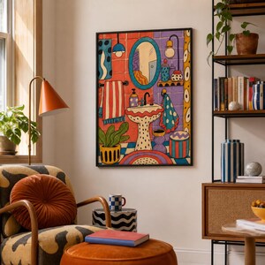 Source-adjacent Setting wall art shown framed for styling as 22 x 28 matte art print wall decor in a furnished room.