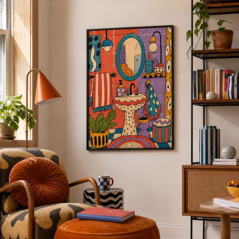 Source-adjacent Setting wall art shown framed for styling as 22 x 28 matte art print wall decor in a furnished room.