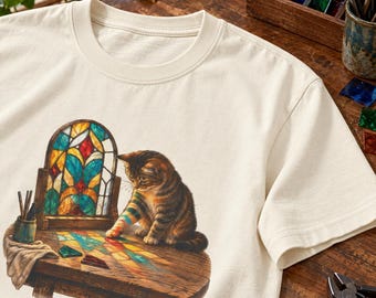 Tabby Cat at a Stained Glass Workbench Graphic Tee