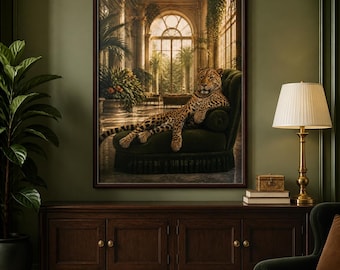 May include: A framed wall art print depicting a leopard resting on a dark green velvet chaise lounge within a sunlit conservatory. The scene features arched windows, lush potted plants, and stone flooring, all rendered in warm, golden light tones.