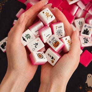 Spooky Season Mahjong Set 160 Tiles, Halloween Acrylic Mahjong, Pink UV Printed American Mahjong with Flowers Jokers & Blanks image 1