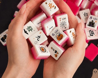 Spooky Season Mahjong Set 160 Tiles, Halloween Acrylic Mahjong, Pink UV Printed American Mahjong with Flowers Jokers & Blanks