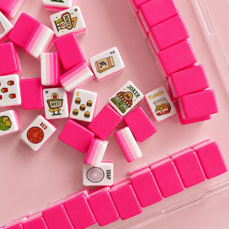 May include: A collection of mahjong tiles featuring bright pink backs and white faces with various colorful illustrations including food items, text labels like NORTH, WEST, JOKER, FLOWER, RED, and SOAP, and numerical symbols, arranged on a pink surface.