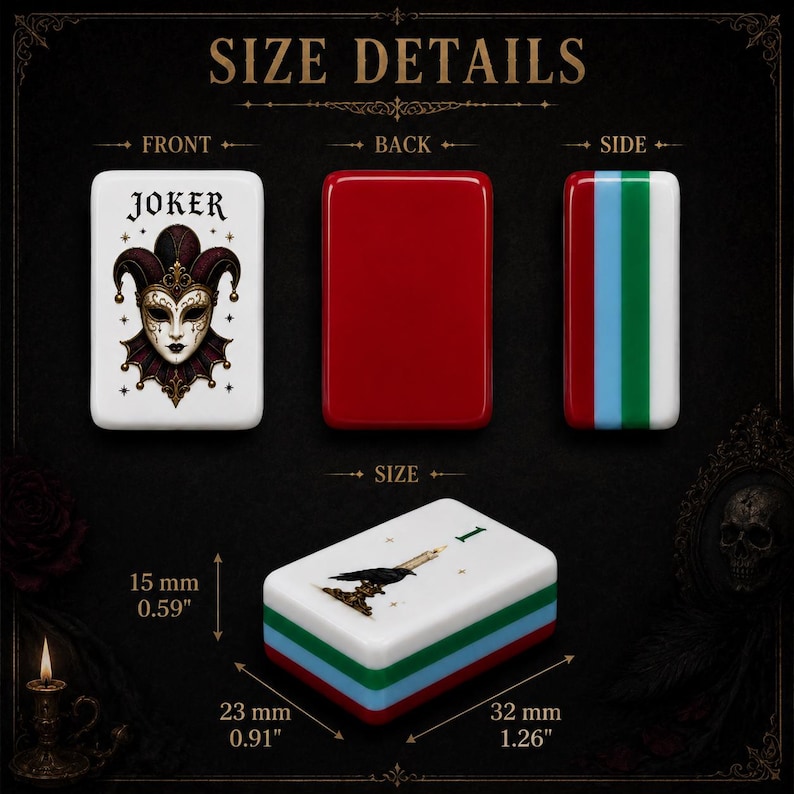 May include: A rectangular game tile featuring a Joker mask illustration on the front, a solid red back, and a side with red, blue, and green stripes. The tile measures 15 mm (0.59 inches) by 23 mm (0.91 inches) by 32 mm (1.26 inches) in size.