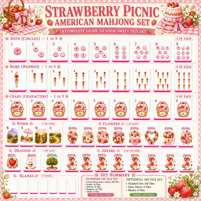 Strawberry Picnic American Mahjong Set, 152/160 Tiles Acrylic Mahjong Game Set, Pink Floral Cottagecore Mahjong Gift, Summer Game Night Set image 5
