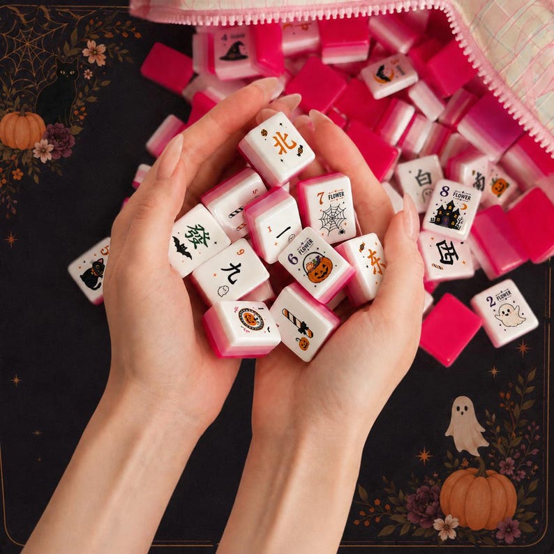 Spooky Season Mahjong Set 160 Tiles, Halloween Acrylic Mahjong, Pink UV Printed American Mahjong with Flowers Jokers & Blanks image 1