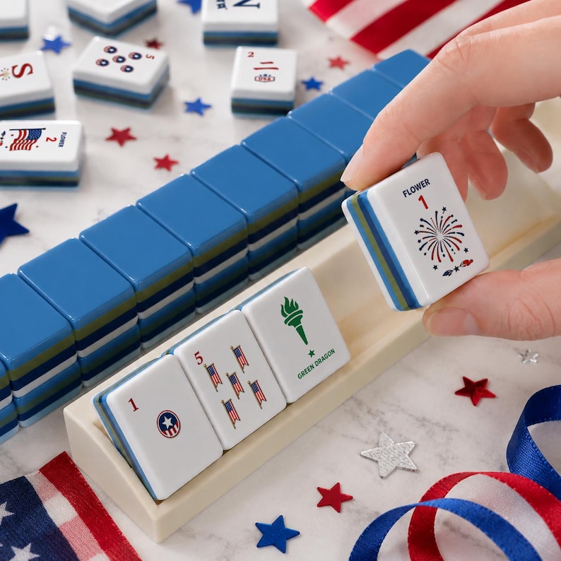 Juego de Mahjong Patriótico Americano de 160 fichas, juego de Mahjong acrílico del Día de la Independencia, regalo de Mahjong con la bandera de EE. UU. con comodines, fichas en blanco y tapete. imagen 1