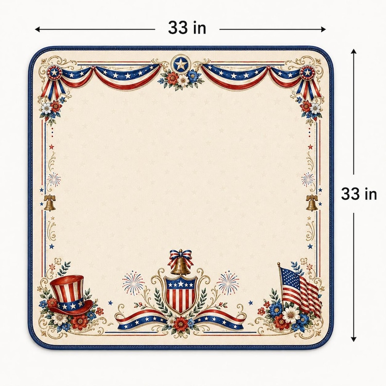 May include: A square fabric mat measuring 33 inches by 33 inches with a cream background and a patriotic border. The design features red, white, and blue bunting, stars, fireworks, a top hat, a shield with stripes, and an American flag.