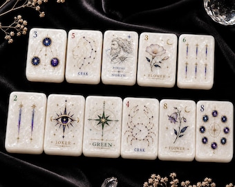 Celestial Zodiac Astrology Oracle Tiles, Pearl White American Mahjong Set with optional mat, Mystic Divination Moon Star Mahjong Gift