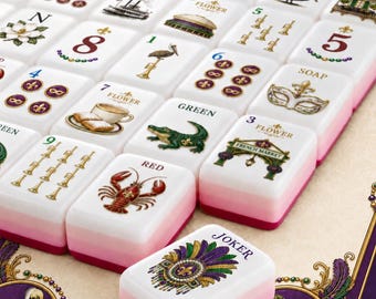 American Mahjong Tile Set with Mat, 152/160 Acrylic Tiles, New Orleans Mardi Gras Theme, Louisiana Mahjong Gift, Louisiana Game Night Gift
