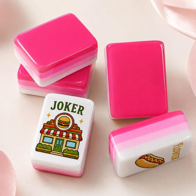 Pink Diner American Mahjong Set, Retro Burger Fries Mahjong Tiles, Cute Acrylic Mahjong Game, 152 or 160 Tiles, Mahjong Gift image 2