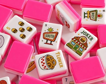 Pink Diner American Mahjong Set, 152/160 Tiles Fast Food Acrylic Mahjong Game Set, Burger Fries Soda Theme, Cute Kawaii Mahjong Gift Set
