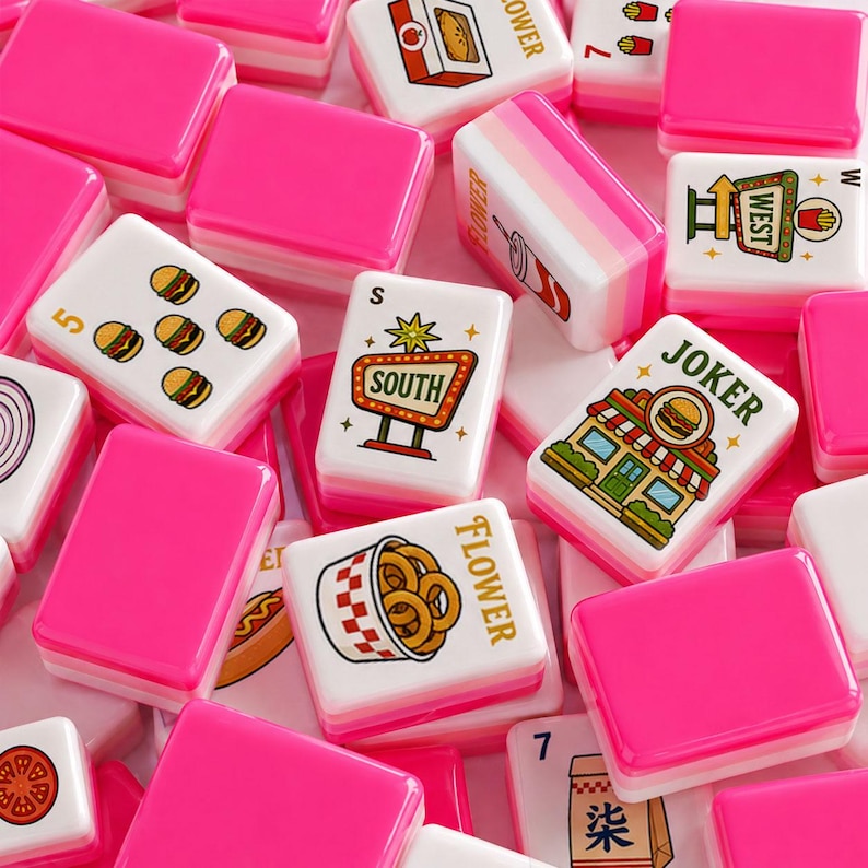 May include: A collection of rectangular mahjong tiles featuring a bright pink back and a white front. The tiles display various colorful illustrations including fast food items like burgers, onion rings, and fries, along with text such as SOUTH, WEST, FLOWER, and JOKER.
