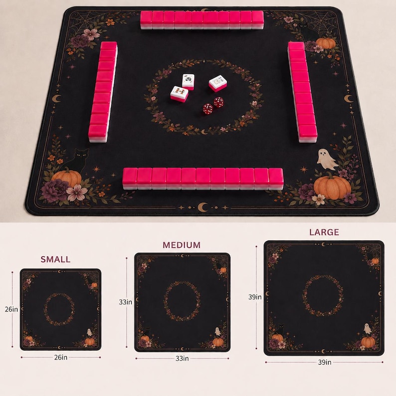 May include: A black square mahjong mat featuring a floral and pumpkin border with a ghost and cat illustration. The mat includes four rows of pink tiles, three loose tiles, and two dice. Three sizes are shown with dimensions of 26, 33, and 39 inches.
