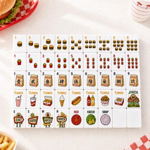 May include: A set of white mahjong tiles featuring fast food illustrations. The tiles display numbers one through nine with burgers or fries, paper bags with Chinese numerals, food items like hot dogs and shakes, and directional signs.