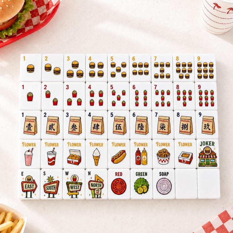 May include: A set of white mahjong tiles featuring fast food illustrations. The tiles display numbers one through nine with burgers or fries, paper bags with Chinese numerals, food items like hot dogs and shakes, and directional signs.