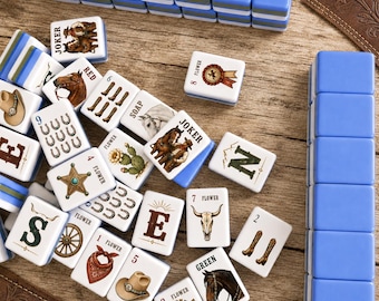 Cowboy American Mahjong Set with 33" Mat, Western Acrylic Mahjong Tiles, Ranch Style Game Night Gift, Texas Ranch Gift, 152 or 160 Tiles