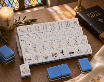 Christian American Mahjong Set 160 Tiles with Matching 33x33 Mat, Faith Inspired Cross Dove Bible Mahjong Game Gift for Mahjong Lovers