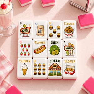 May include: A set of twelve white mahjong tiles arranged in a grid, each featuring colorful illustrations of fast food items like burgers, fries, hot dogs, onion rings, and diner-style signs with text including South, North, Flower, Green, and Joker.
