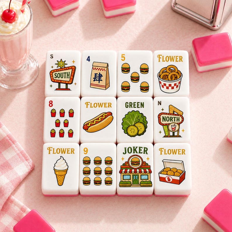 May include: A set of twelve white mahjong tiles arranged in a grid, each featuring colorful illustrations of fast food items like burgers, fries, hot dogs, onion rings, and diner-style signs with text including South, North, Flower, Green, and Joker.
