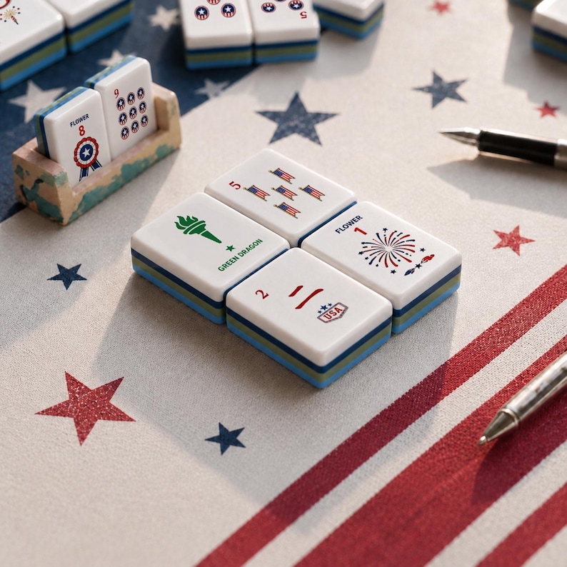 Puede incluir: Un juego de fichas de Mahjong blancas con gr&aacute;ficos patri&oacute;ticos estadounidenses, que incluyen una antorcha verde, fuegos artificiales y peque&ntilde;as banderas. Las fichas tienen bases en capas azules y verdes y se muestran con un soporte.