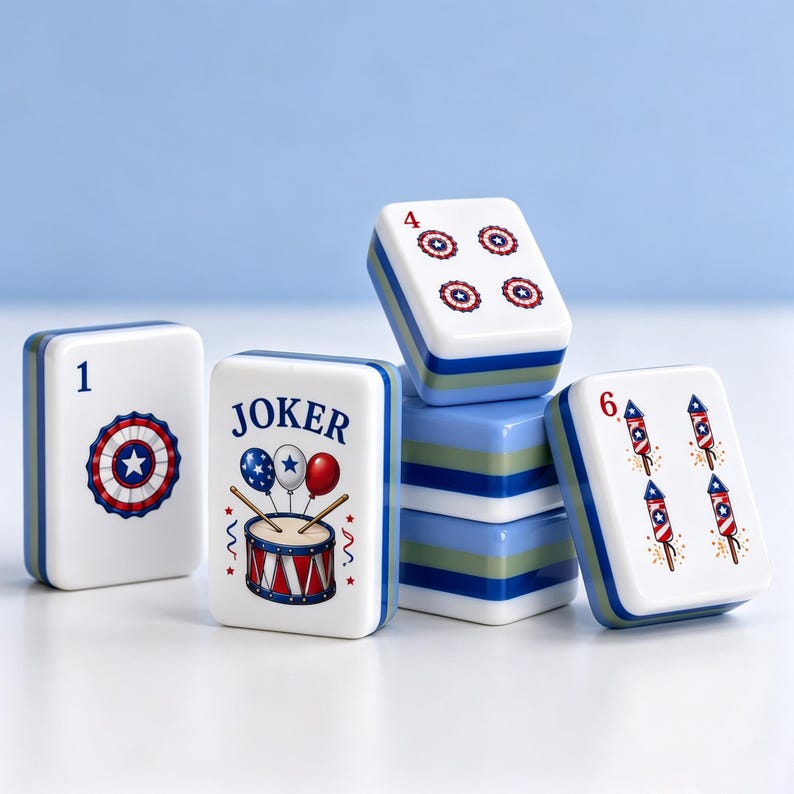 May include: A set of white rectangular mahjong tiles with blue and green striped sides. One tile features the word JOKER above a drum and balloons. Other tiles display the number 1 with a star emblem, the number 4 with star icons, and the number 6 with fireworks.