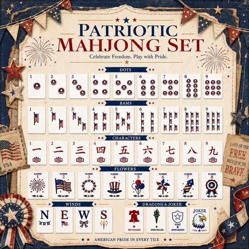 Puede incluir: Un juego de Mahjong patri&oacute;tico con fichas blancas y gr&aacute;ficos en rojo, blanco y azul. El set incluye puntos, bamb&uacute;es, caracteres, flores, vientos, dragones y fichas de comod&iacute;n. El texto incluye Patriotic Mahjong Set, Celebrate Freedom. Play with Pride y Land of the Free Because of the Brave.