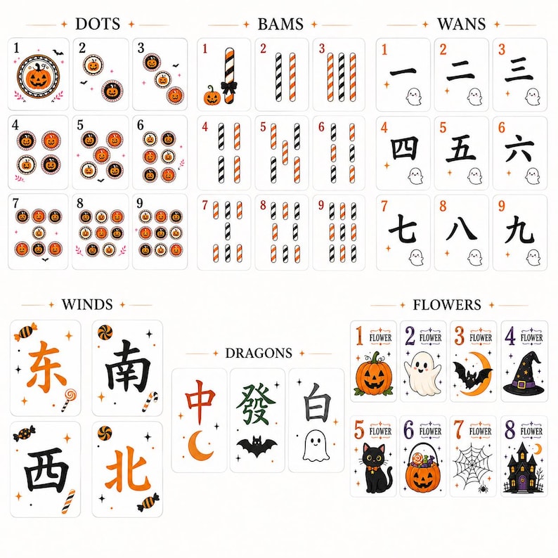 May include: A set of Halloween-themed mahjong tiles featuring five categories: Dots with pumpkin icons, Bams with striped candy canes, Wans with Chinese numerals and ghost icons, Winds with directional characters, and Dragons and Flowers with seasonal motifs.