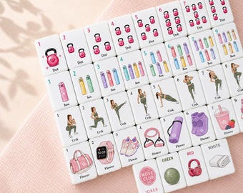 Fitness Mahjong Set, Modern Workout Mahjong Tiles, Pink Sage American Mahjong, Gym Girl Gift, Wellness Mahjong Gift for Her