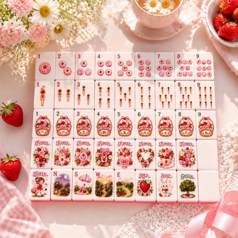 May include: A set of white mahjong tiles arranged in a grid, featuring pink and red strawberry-themed illustrations. The tiles display numbers one through nine, flower motifs, and special character tiles labeled Joker, N, S, W, E, Red, Soap, and Green.