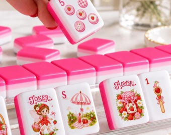 Jordgubbspicknick Amerikanskt Mahjong-set, 152/160 plattor Akryl Mahjong-spelset, Rosa Blommig Cottagecore Mahjong-present, Sommarspelkvällsset