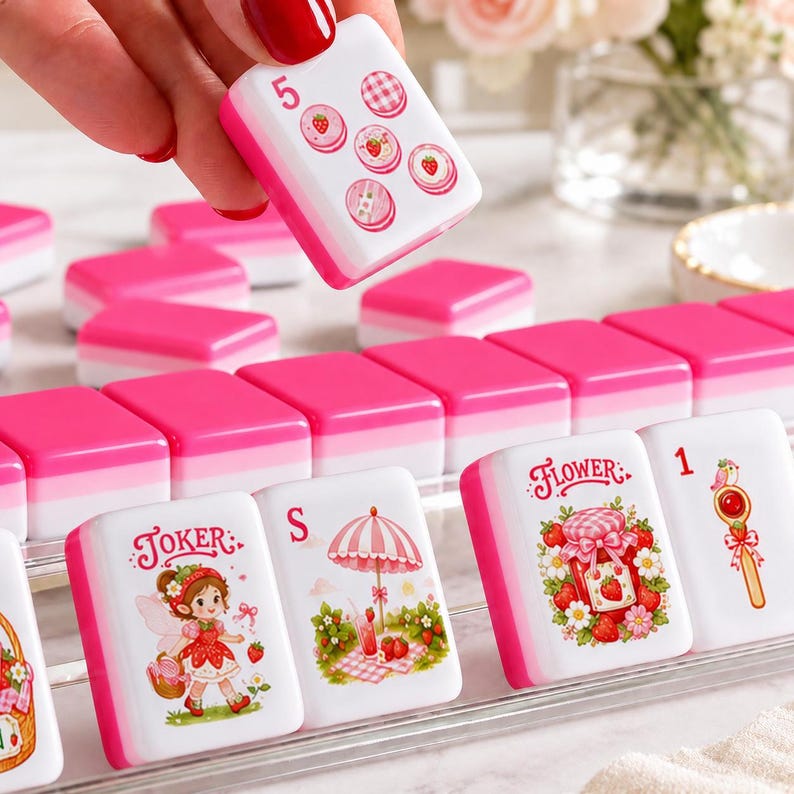 May include: A set of white and pink Mahjong tiles featuring strawberry-themed illustrations, including a Joker tile with a girl, a flower tile with a jam jar, a tile with a striped umbrella, and a number five tile with five small strawberry icons.