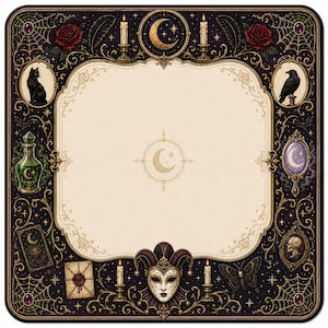 May include: A square mat featuring a cream-colored center with a crescent moon icon, surrounded by a dark border decorated with a black cat, a raven, a jester mask, candles, red roses, a potion bottle, a tarot card, and a skull in a frame.