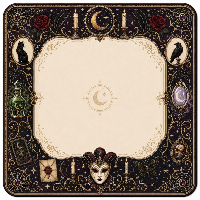 May include: A square mat featuring a cream-colored center with a crescent moon icon, surrounded by a dark border decorated with a black cat, a raven, a jester mask, candles, red roses, a potion bottle, a tarot card, and a skull in a frame.