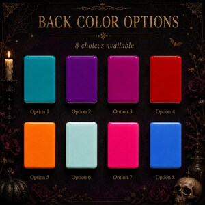 May include: A rectangular color chart titled BACK COLOR OPTIONS with 8 choices available. The colors are teal, purple, magenta, red, orange, light blue, hot pink, and blue. Each color is displayed as a solid, glossy, rounded rectangle.