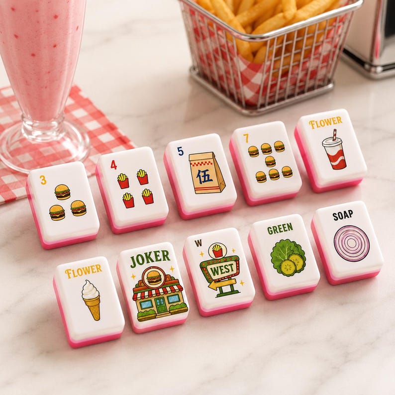 May include: A set of ten white mahjong tiles with pink bases, each featuring colorful food-themed illustrations and text including numbers, Flower, Joker, West, Green, and Soap, arranged on a surface near a milkshake and a basket of fries.