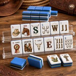 May include: A set of Western-themed mahjong tiles featuring illustrations of cowboy hats, horses, horseshoes, boots, cacti, and windmills. The tiles are white with blue, green, and white striped backs, displayed on clear acrylic racks on a wooden surface.