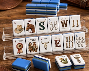 Western American Mahjong Set, Cowboy Acrylic Tiles, 152 or 160 Tile Game, Blue Layered Mahjong, Matching Mat, Cowgirl Gift