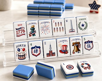 Jogo de Mahjong Americano do Dia da Independência dos EUA com Tapete – Jogo de Peças Patriótico para o 4 de Julho (152/160 Peças)