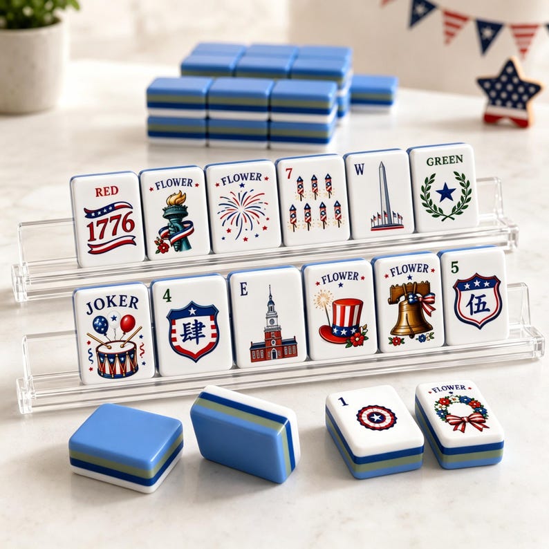 May include: A set of patriotic-themed mahjong tiles featuring red, white, and blue graphics including the Liberty Bell, fireworks, and the Washington Monument. The tiles are displayed on two clear acrylic racks with additional loose tiles.