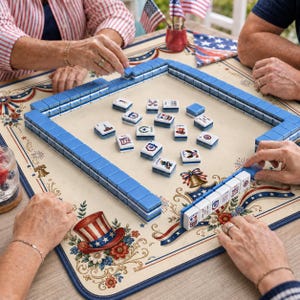 May include: A Mahjong set with blue tiles arranged in a square on a cream-colored mat featuring patriotic American motifs like top hats, bells, and ribbons. The tiles display various illustrations including a target, a shield, and the year 1776.