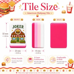 May include: An American Mahjong tile with a Joker and burger shop graphic on the front, a pink and white striped side, and a solid hot pink back. The tile measures 1.26 inches by 0.91 inches by 0.59 inches, featuring a glossy acrylic finish.