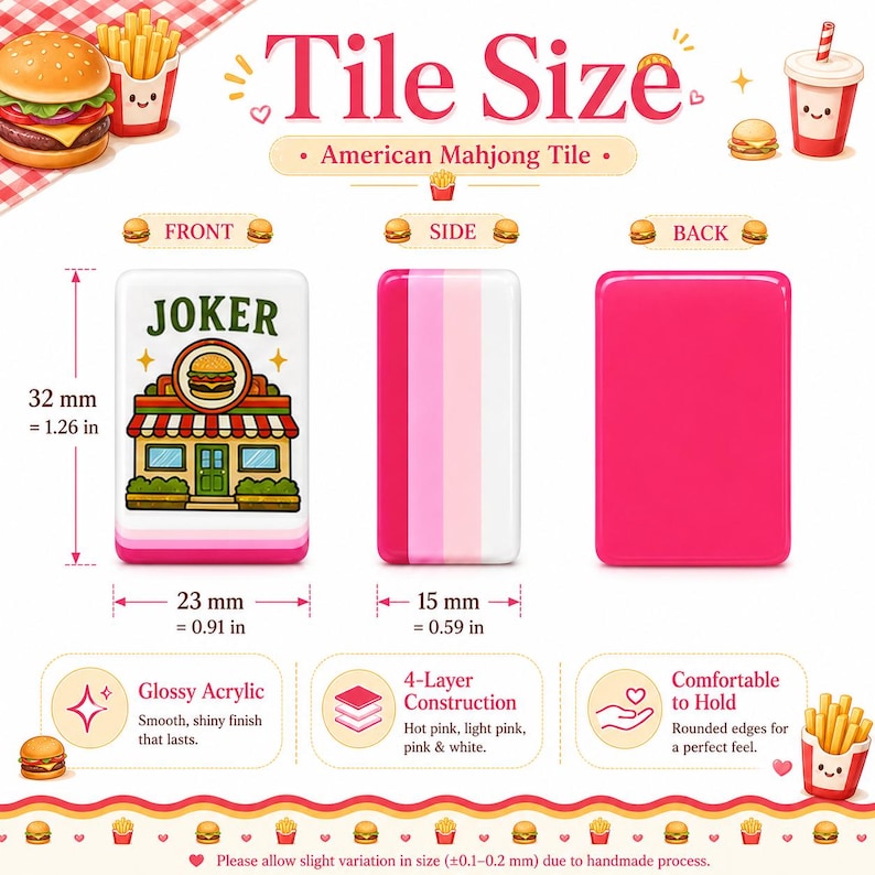 May include: An American Mahjong tile with a Joker and burger shop graphic on the front, a pink and white striped side, and a solid hot pink back. The tile measures 1.26 inches by 0.91 inches by 0.59 inches, featuring a glossy acrylic finish.