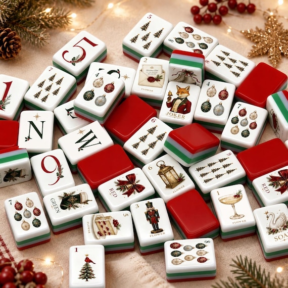 Christmas American Mahjong Set, Holiday Mahjong Tiles, Red Green Acrylic Mahjong, Christmas Club Gift, Festive Mahjong Game