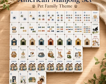 Pet Family American Mahjong Set with Mat, Dog Cat Mahjong Tiles, Blue 4 Layer Acrylic Mahjong Game, Pet Lover Gift, 152 or 160 Tiles